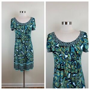 London Style Collection Green Blue Paisley Pleated Dress Women Size 6